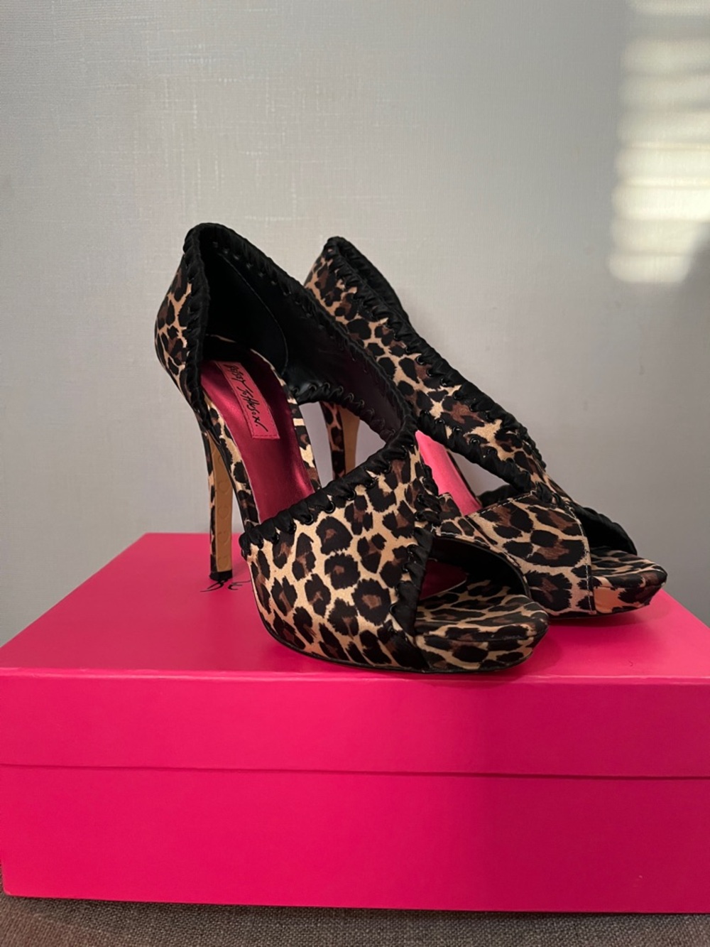 Betsey Johnson Leopard Print Peep-Toe Heels in Tan and Black